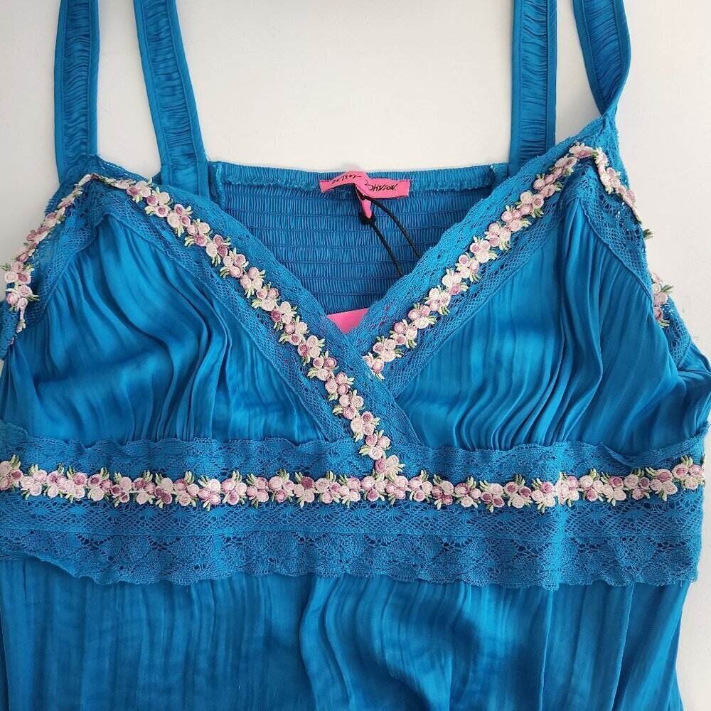 Betsey Johnson Pleated Silky Satin Floral Trim Dress Women's Size 14 Blue - Picture 7 of 9